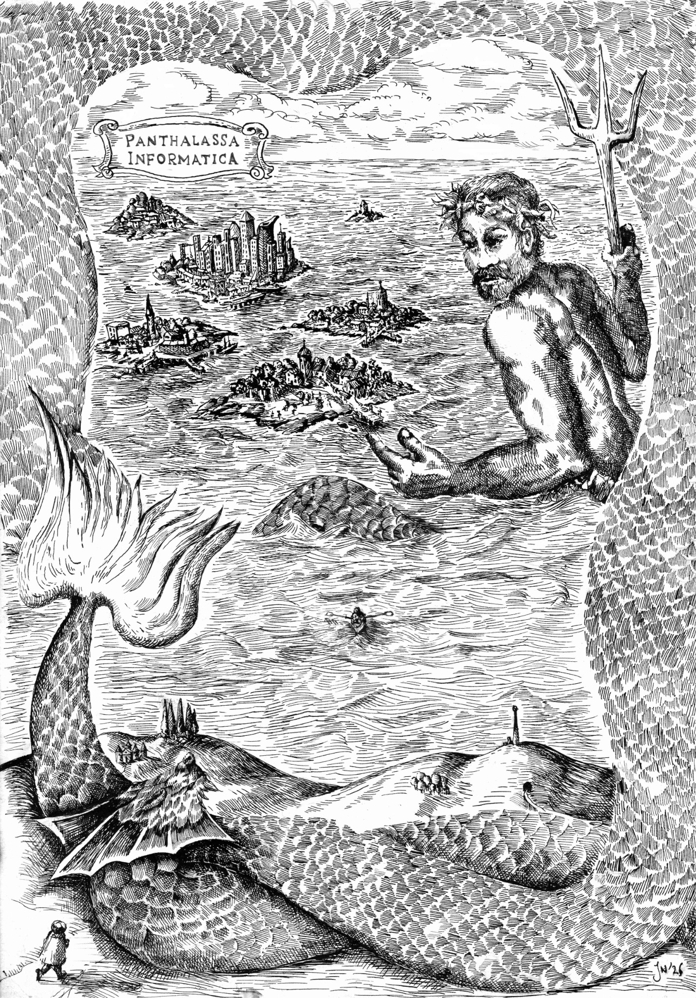 Frontispiece for Archipelago: Panthalassa Informatica, showing an informational sea of islands, a trident-bearing figure, and a serpentine form